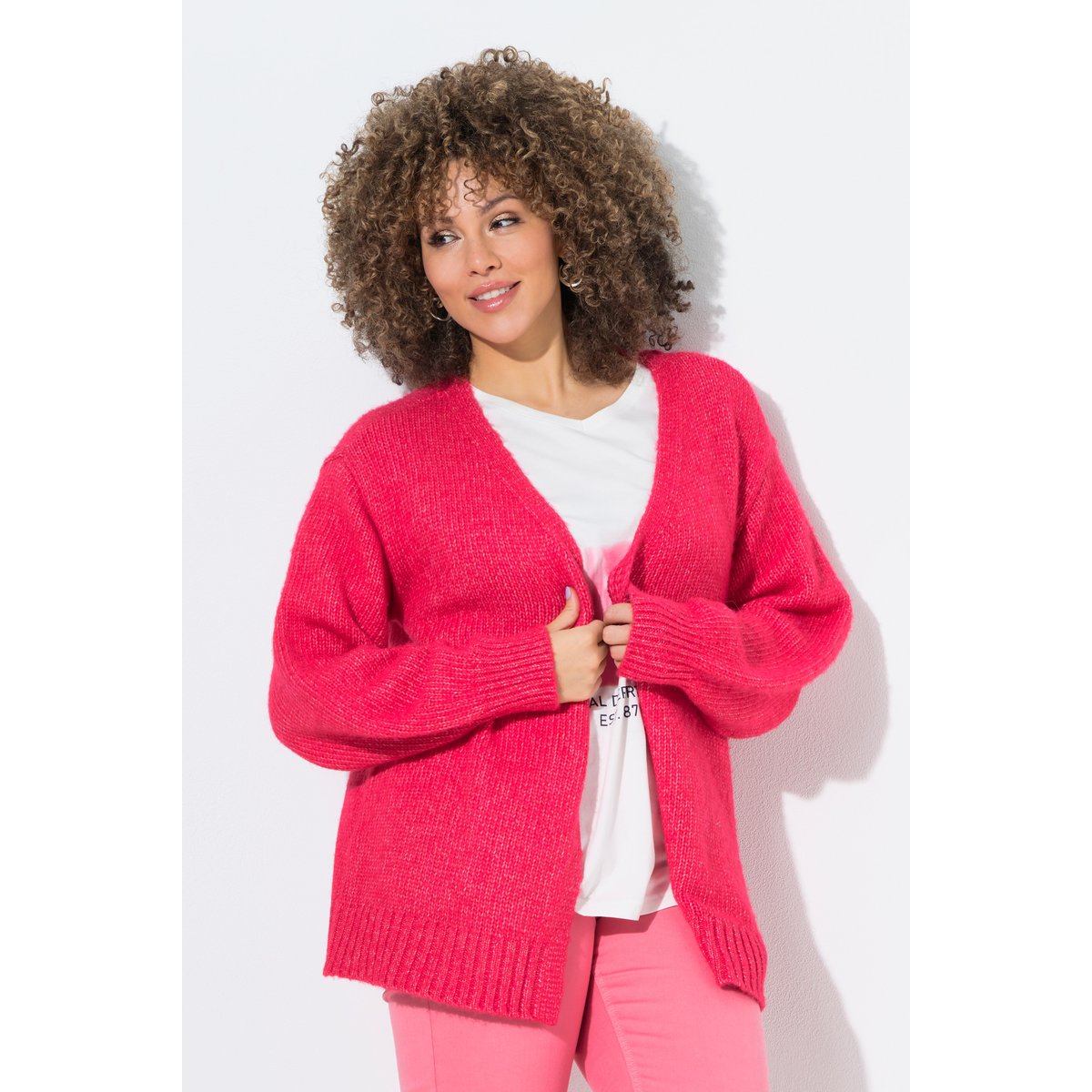 Cardigan coupe ouverte, manches longues hibiscus-rose, ULLA POPKEN