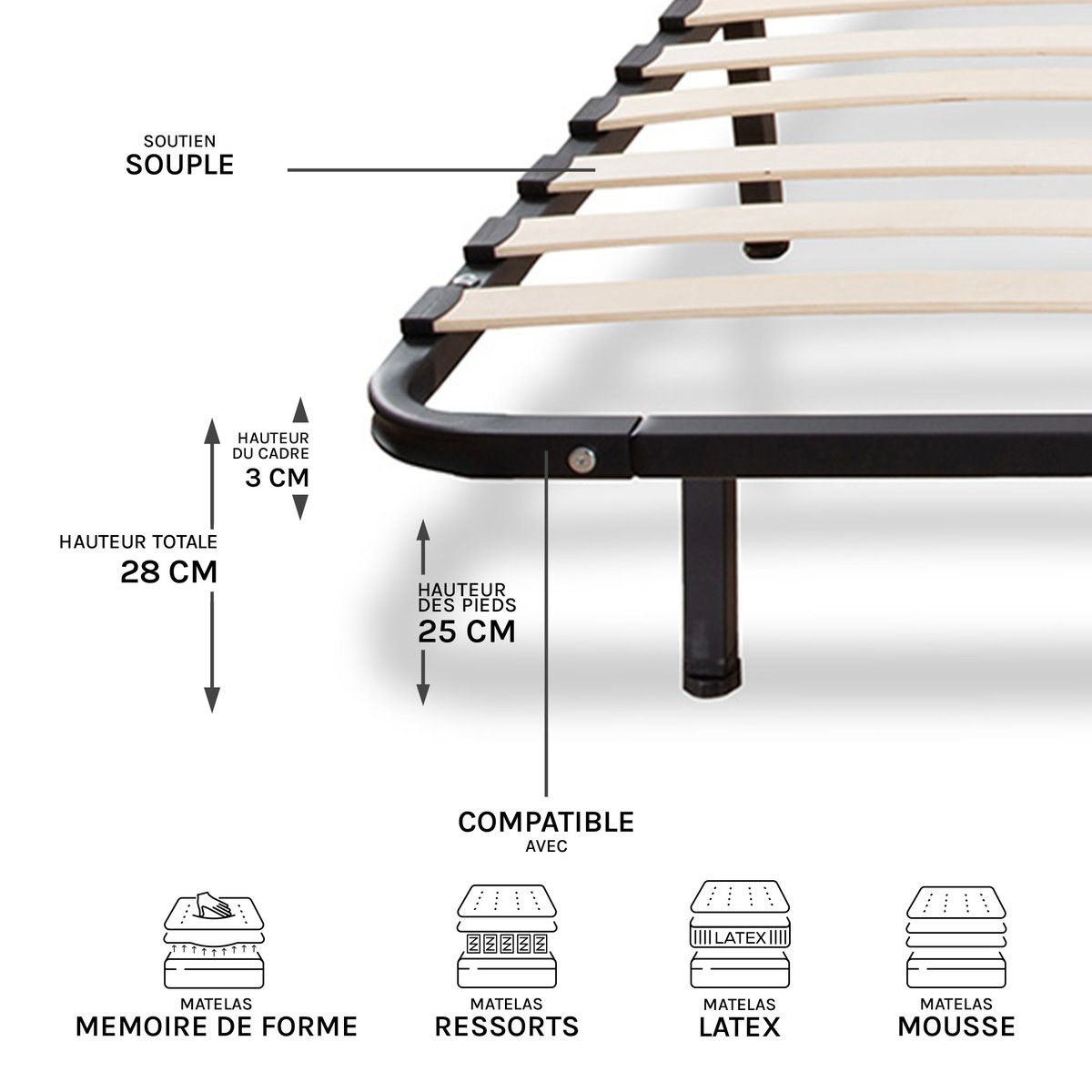 Pack Egio 90x190 cm Matelas Mousse + Sommier Métal + Accessoires blanc, OLYMPE LITERIE