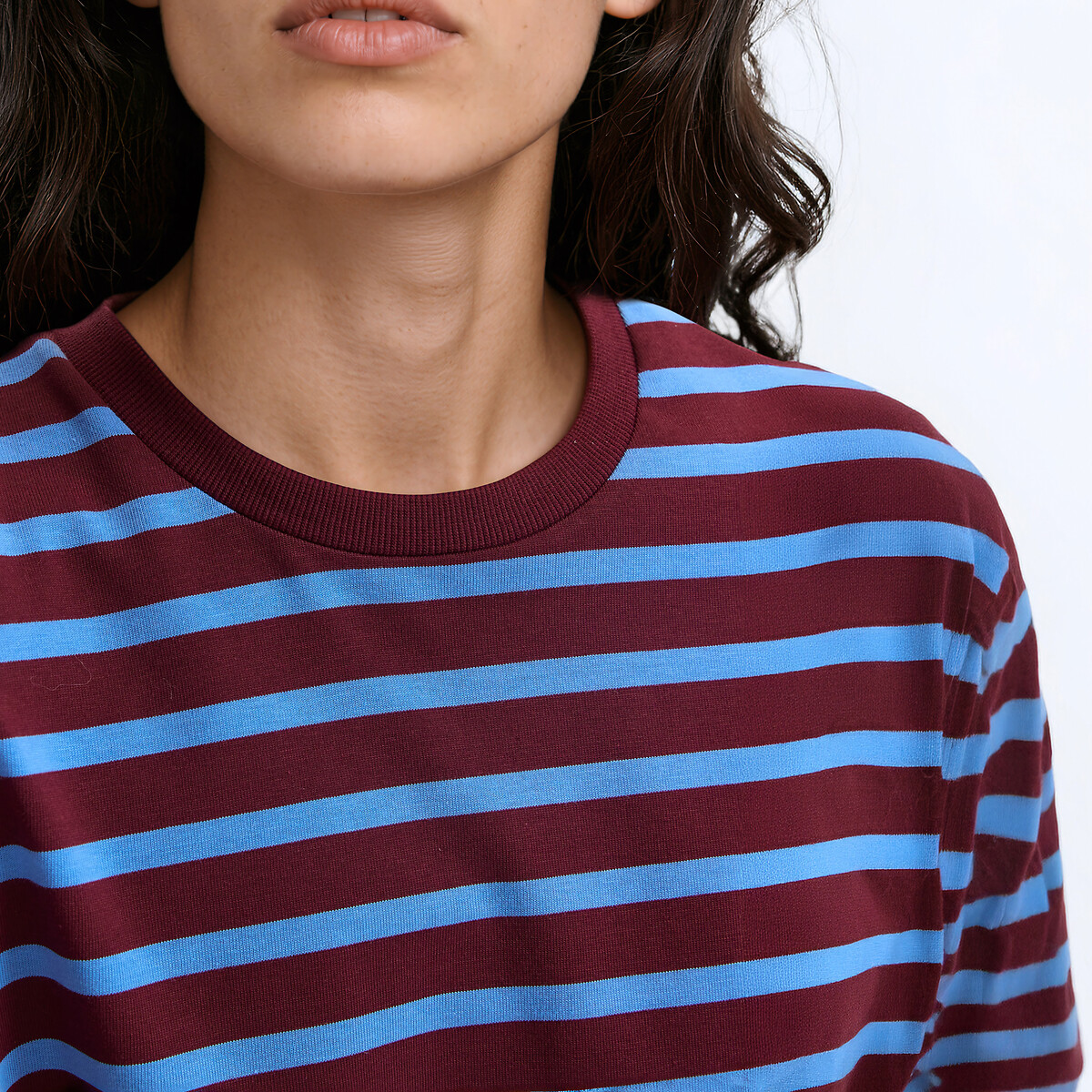 Striped Cotton Loose Fit Long Sleeve T-Shirt burgundy/blue striped , LA REDOUTE COLLECTIONS