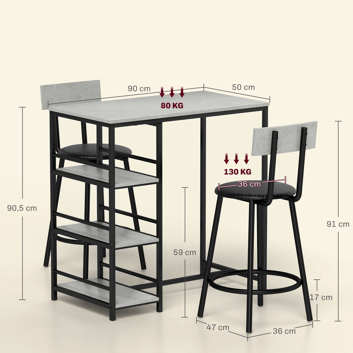 Ensemble de table de bar MDF Gris clair gris clair, noir, HOMCOM