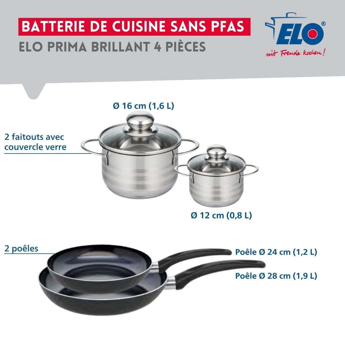 Batterie 2 poêles 24/28cm + 2 faitouts 12/16cm PRIMA BRILLANT noir, ELO
