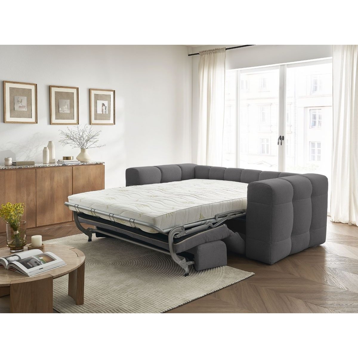 Canapé droit convertible 3 places en tissu lisse, CLOUD gris foncé, BOBOCHIC