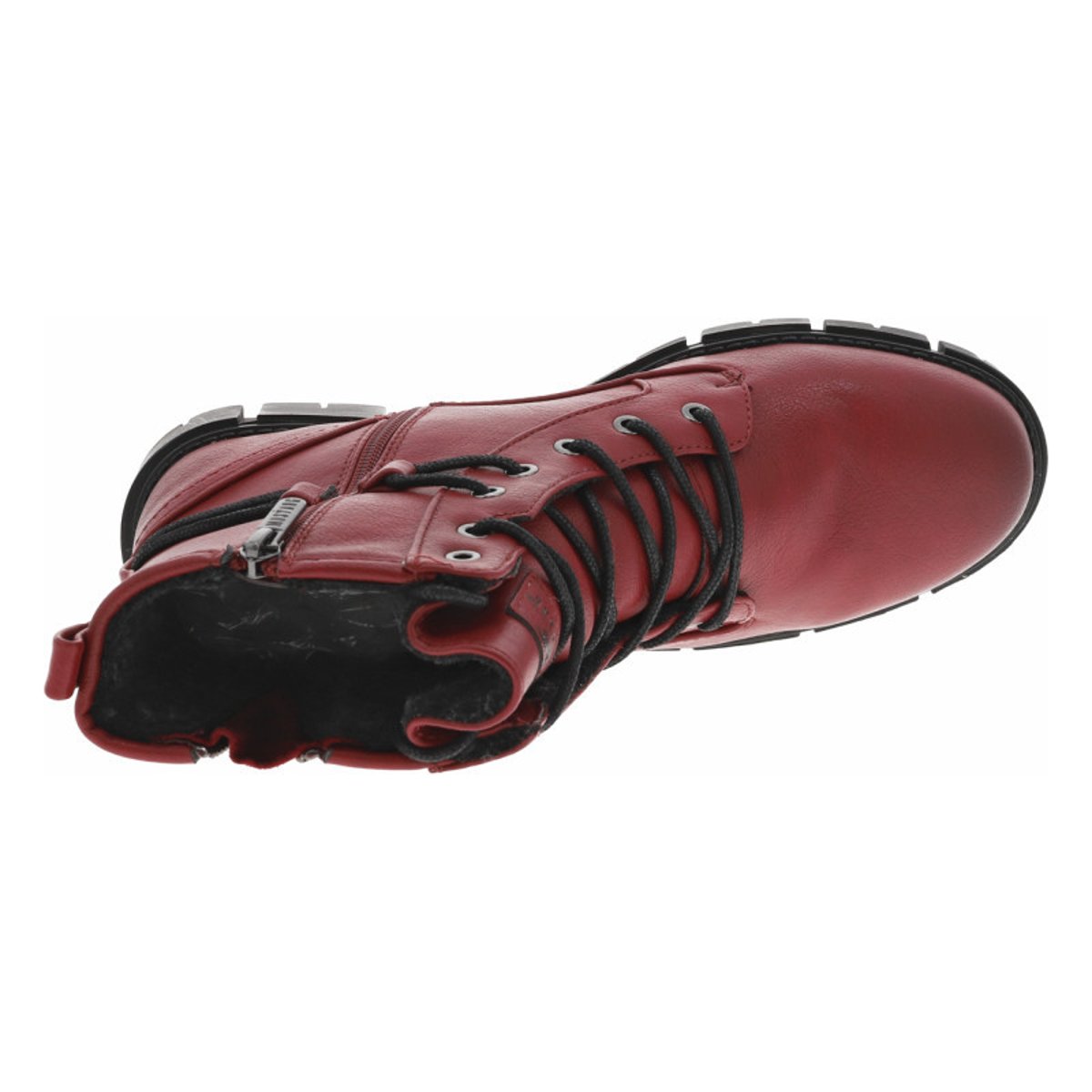 Bottines noires à talon décroché bas avec un zip des lacets ronds rouges, MUSTANG