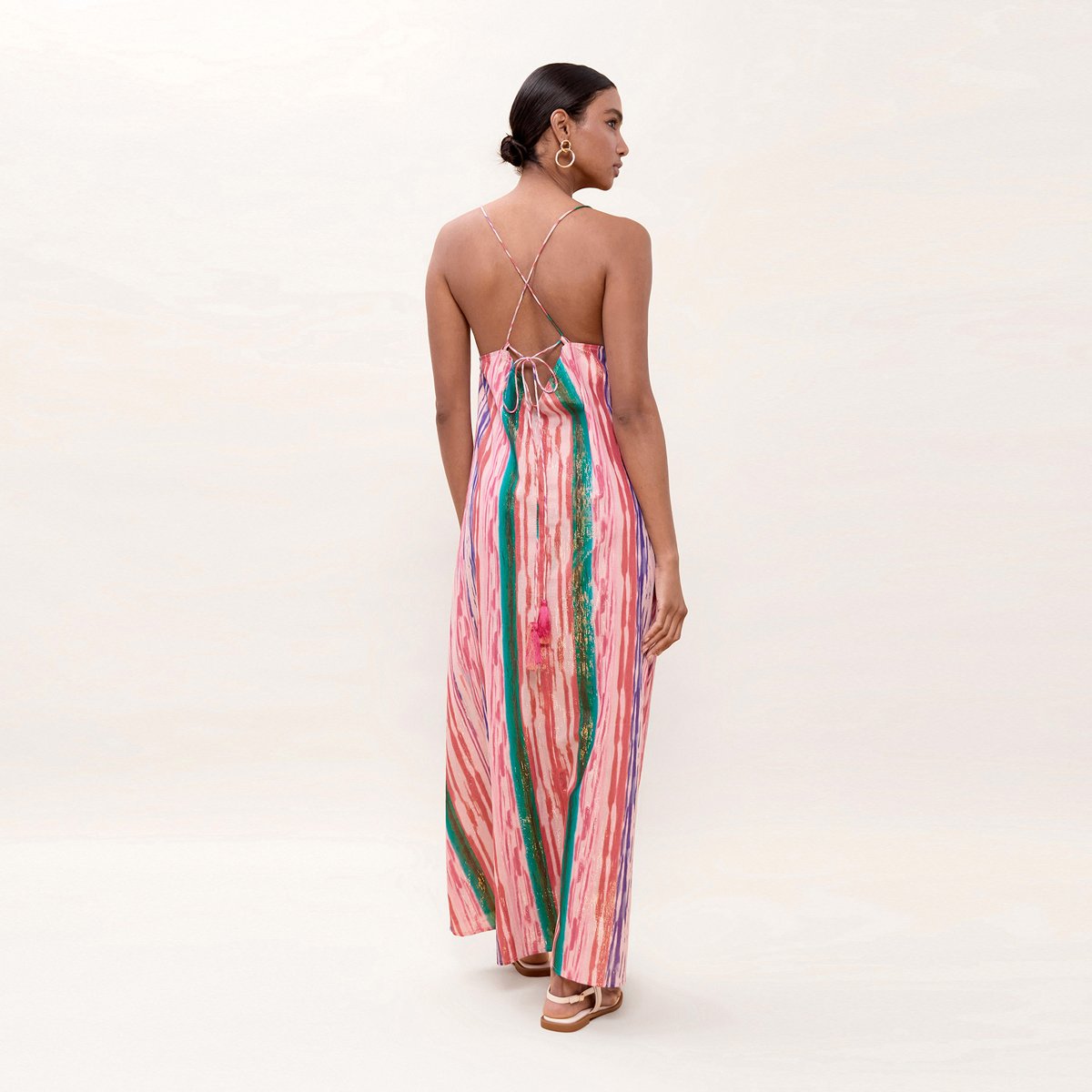 Robe longue fluide rayée à fines bretelles rose, LOLA CASADEMUNT