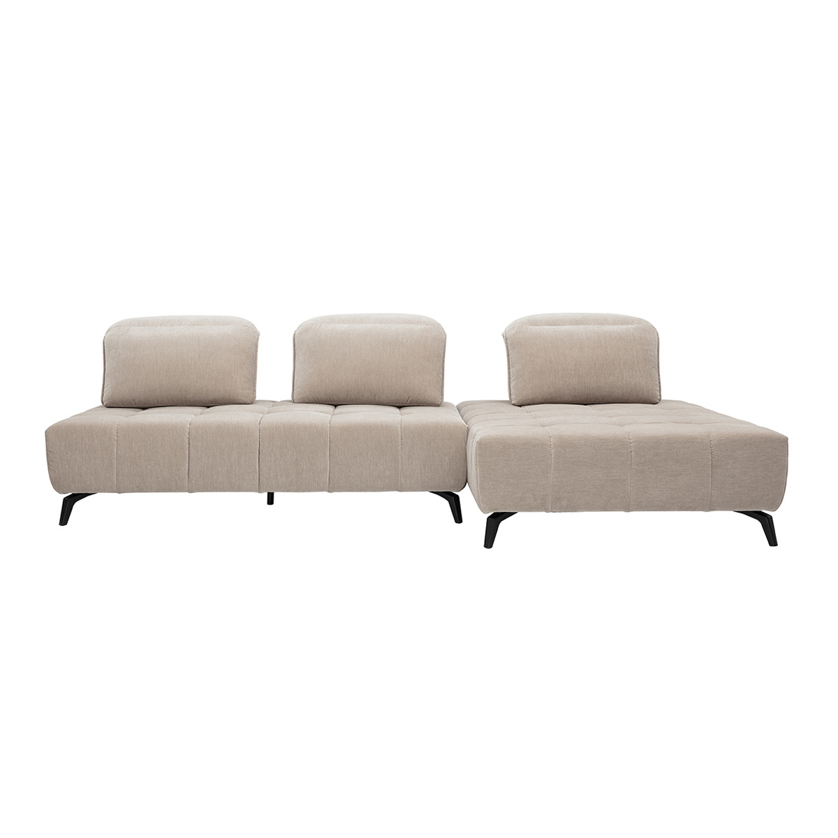 Canapé modulable 4 places avec têtières ajustables en tissu effet velours vert kaki et métal noir OLMO taupe, MILIBOO