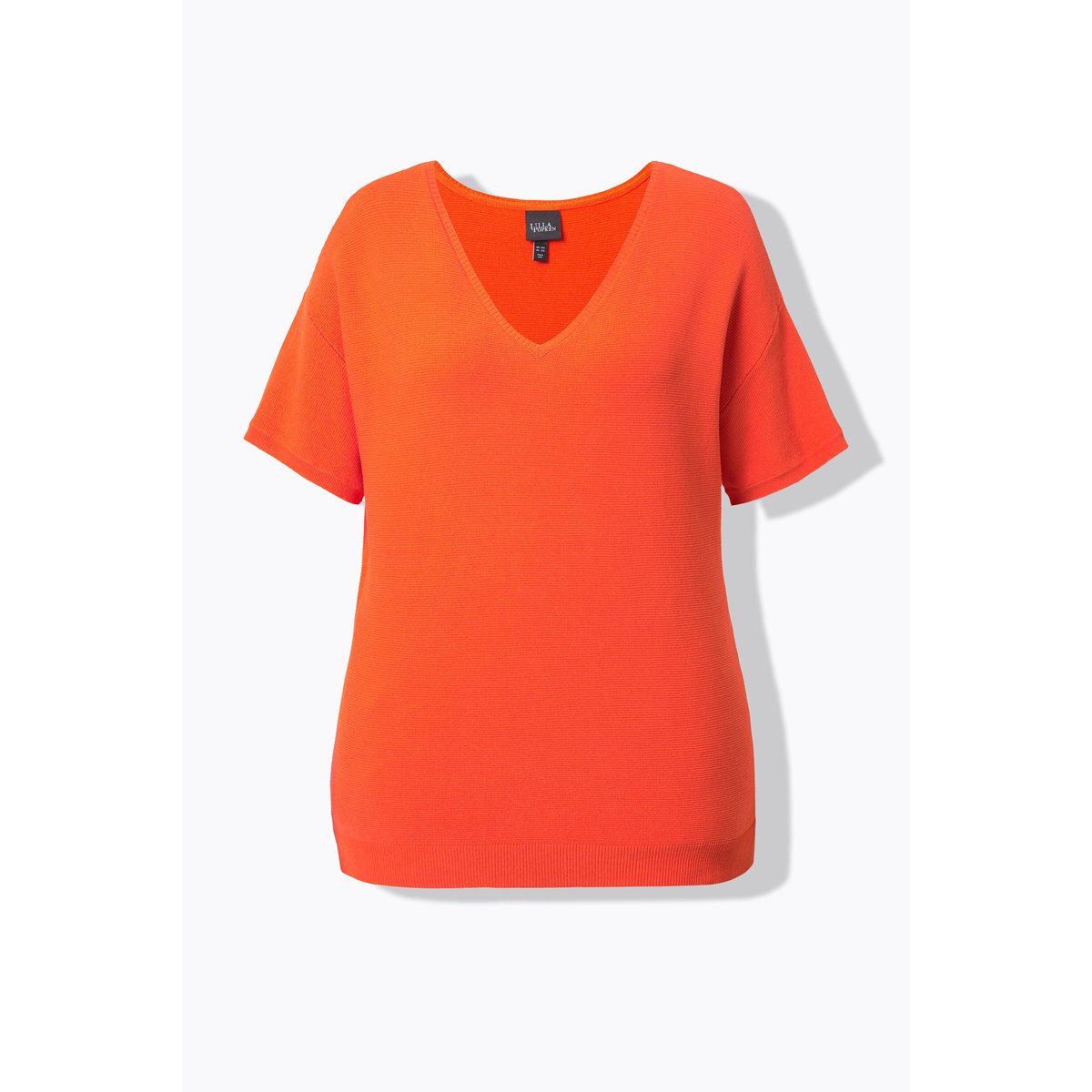 Pull côtelé, col en V et manches courtes poivron, ULLA POPKEN
