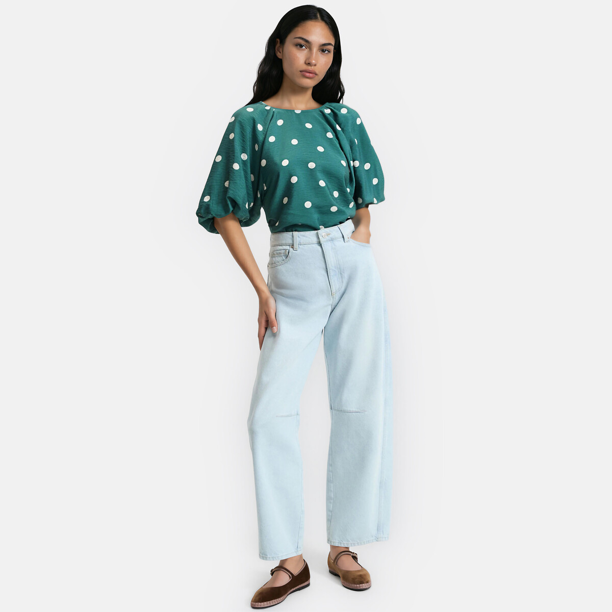 Polka Dot Blouse with Crew Neck and Puff Sleeves polka dot print/green background, LA REDOUTE COLLECTIONS