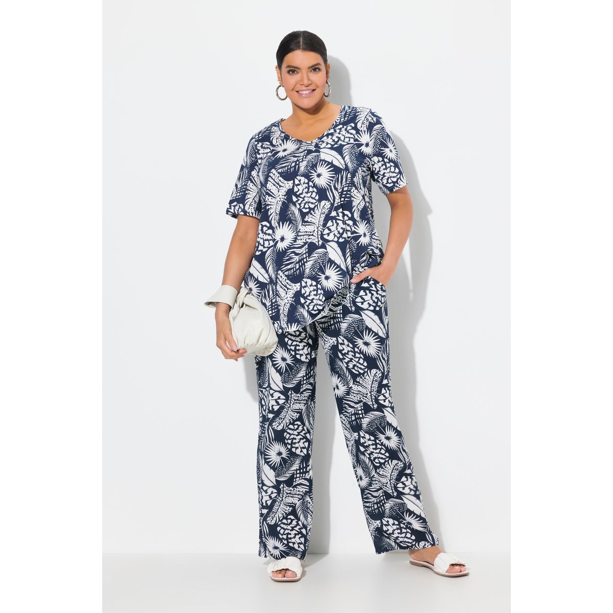 Pantalon Rose, motif feuilles, jambe large bleu encre, ULLA POPKEN