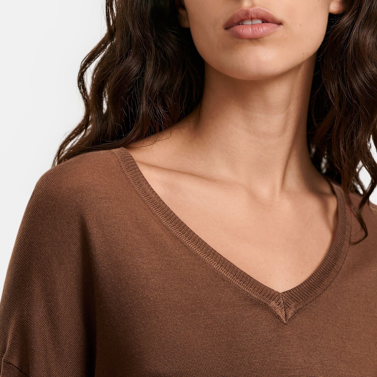 Jersey de cuello de pico, de punto fino marrón, LA REDOUTE COLLECTIONS