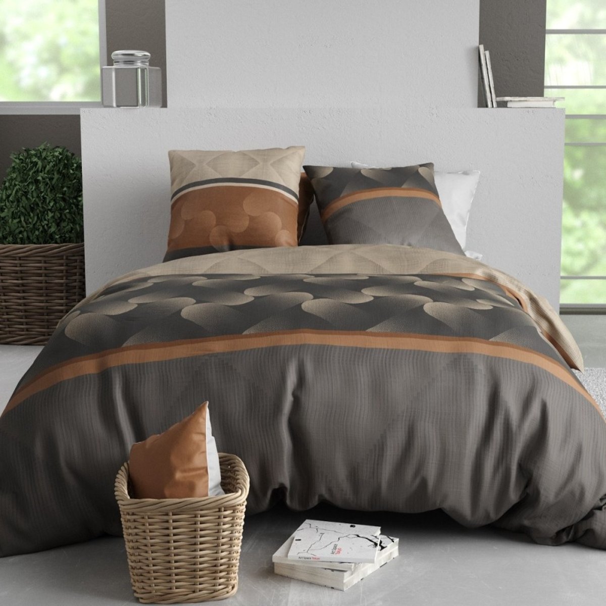 Housse de couette 240x220 JASPE + 2 taies coton 57 fils marron, DECORATIE