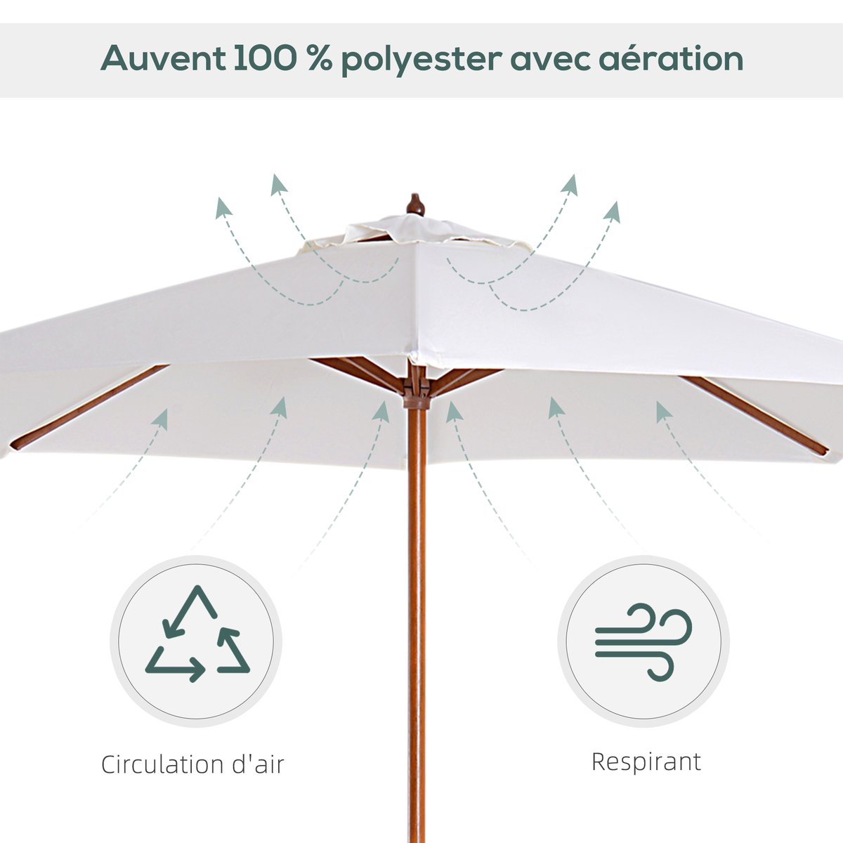 Parasol droit octogonal 2,7 x 2,5 m manivelle bois toile haute densité crème beige, OUTSUNNY