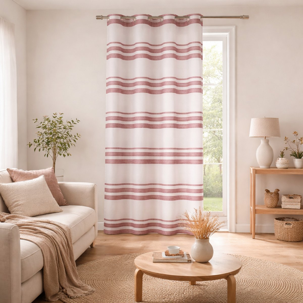 Voilage coloré rayures horizontales vieux rose, HOME MAISON