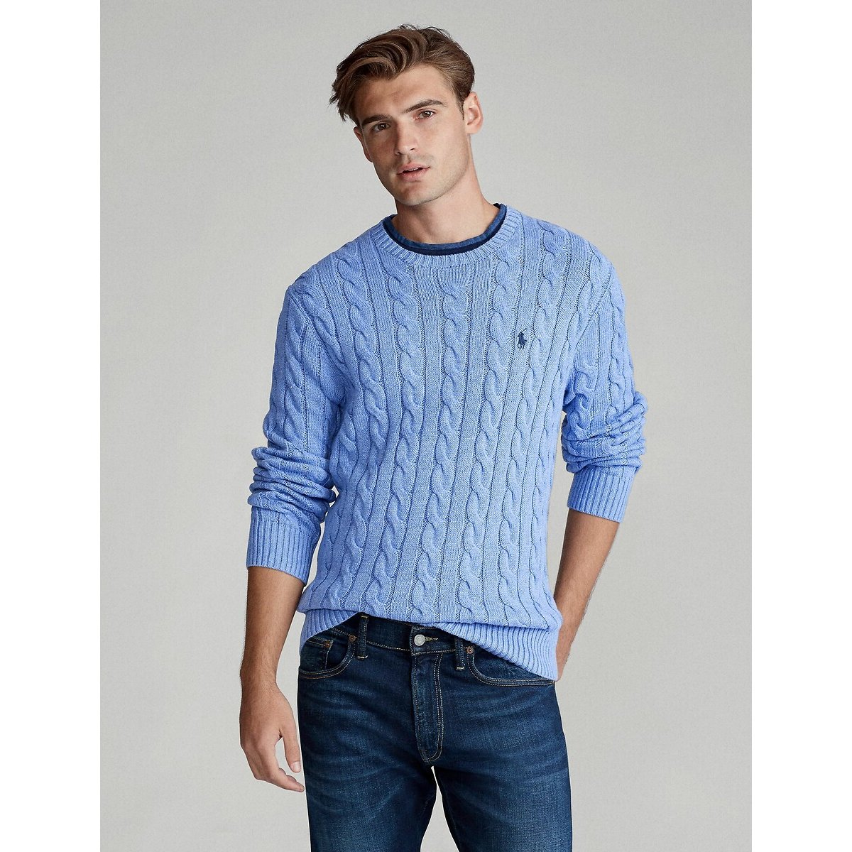 Pull a treccia in cotone blu, POLO RALPH LAUREN