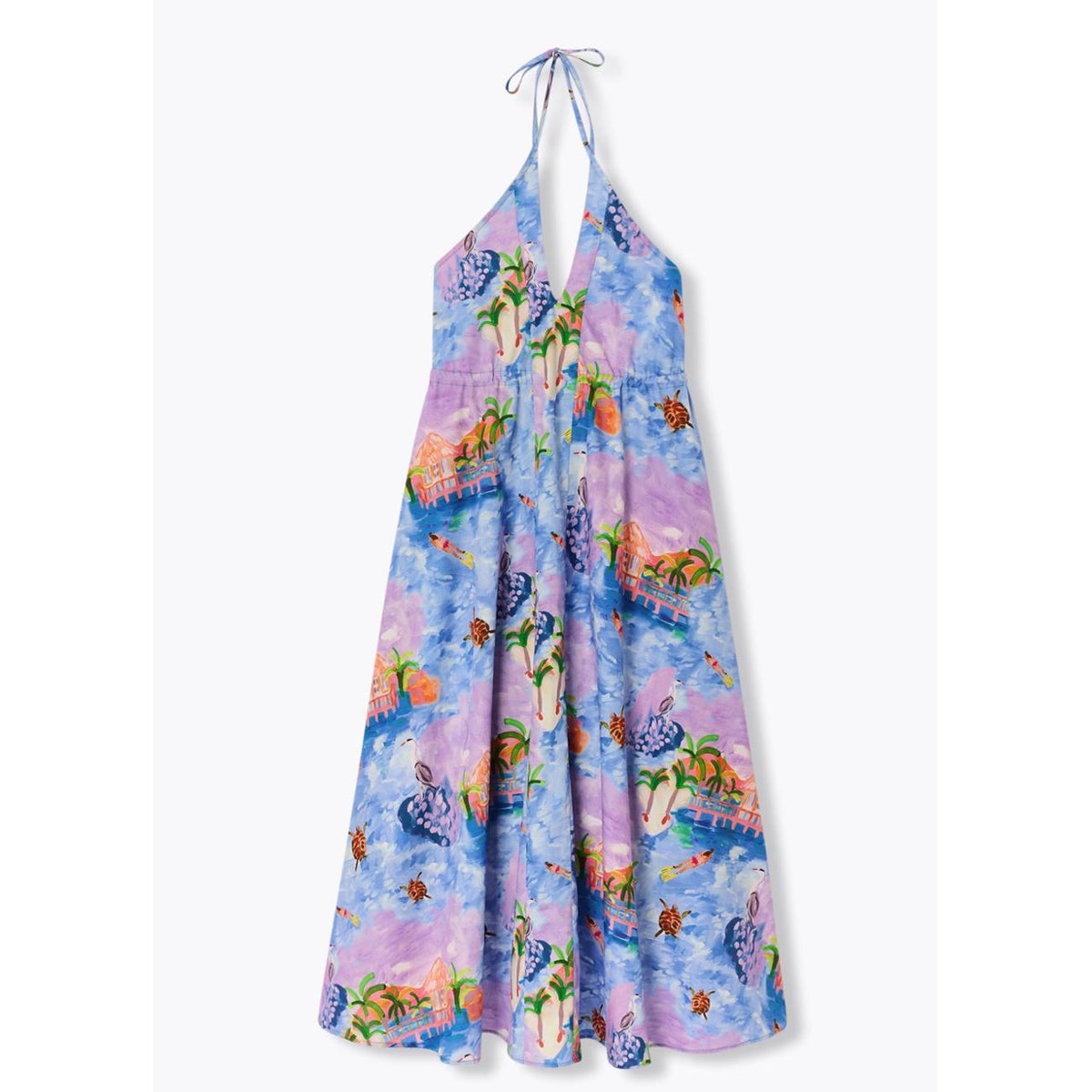 Robe midi dos nu paysage imprimé bleu, PROMOD