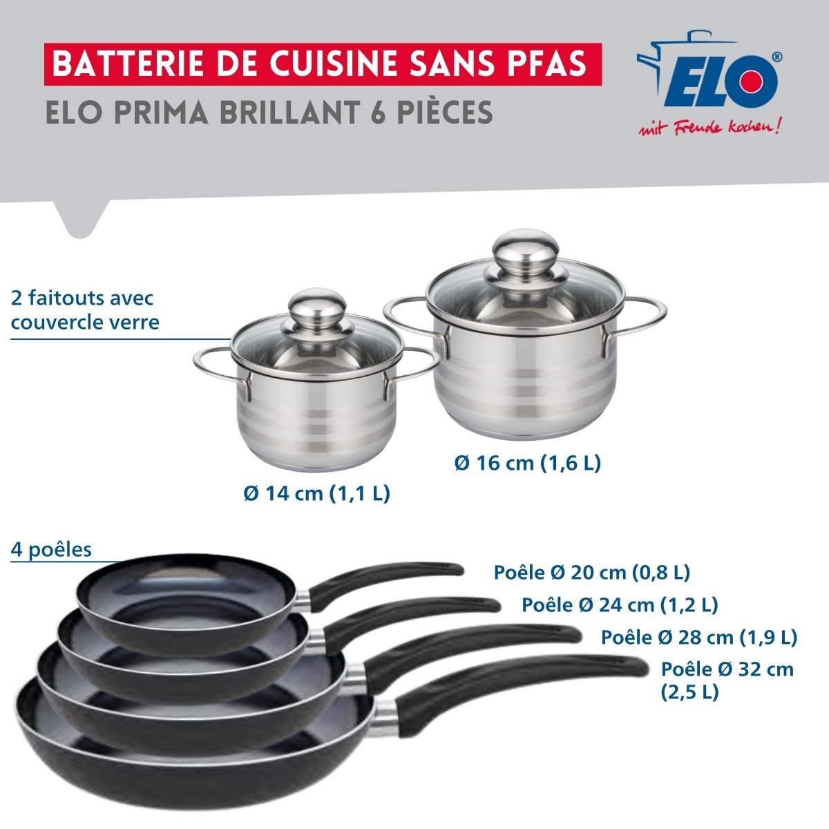 4 poêles 20/24/28/32cm + 2 faitouts 14/16cm PRIMA BRILLANT noir, ELO