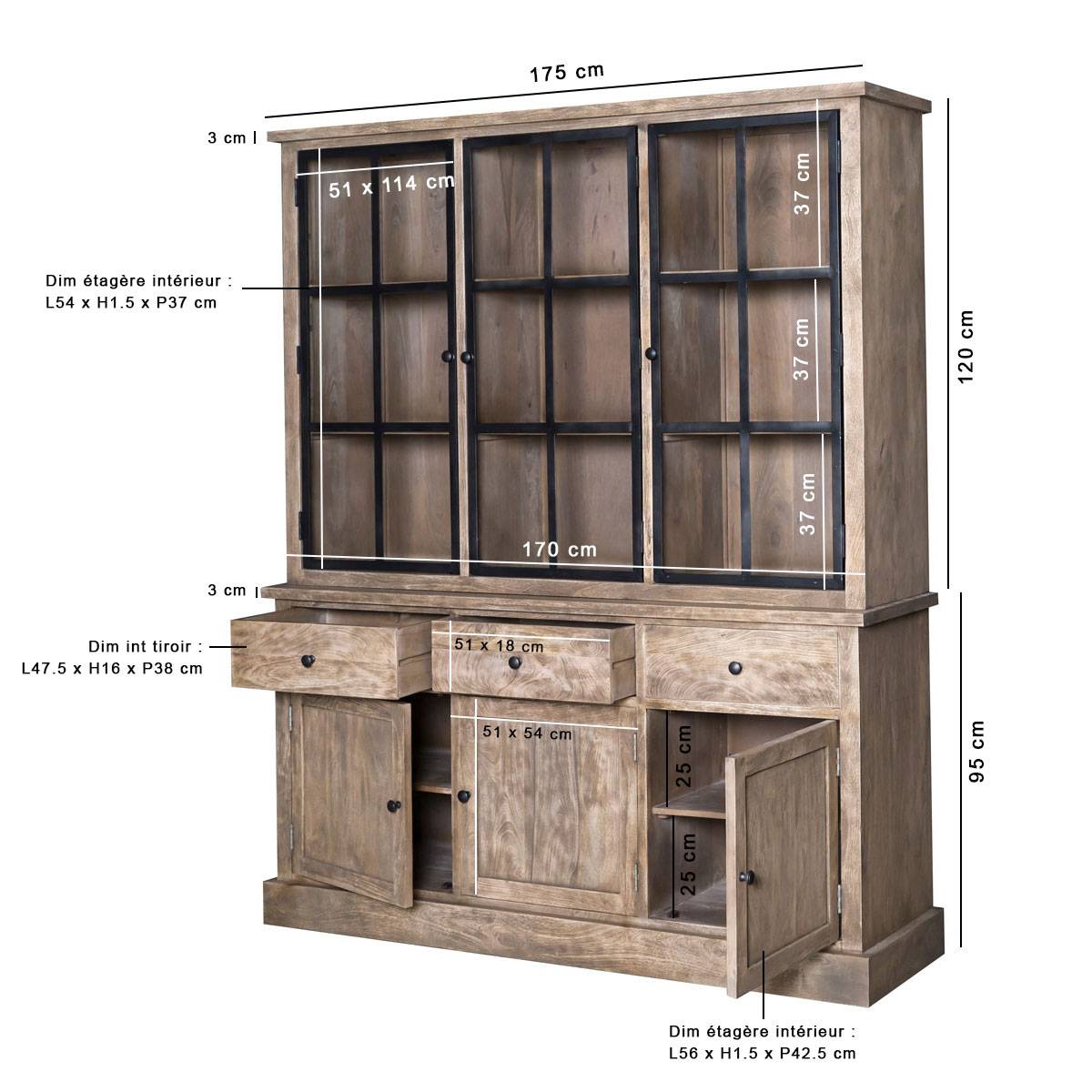 Vaisselier en bois de manguier CLOTILDE bois clair, MADE IN MEUBLES