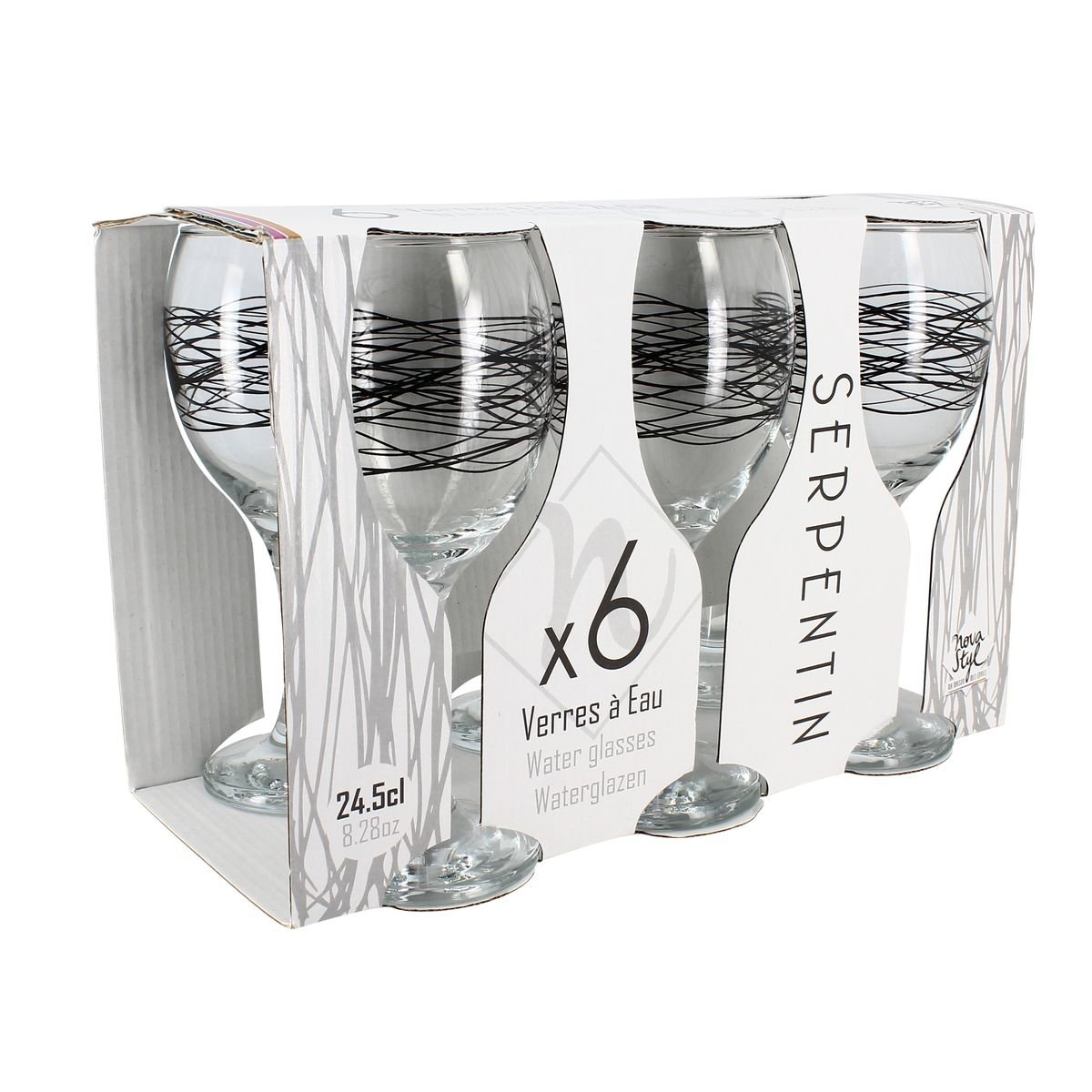 Lot de 6 verres à pied en verre 24,5cl, SERPENTIN transparent, NOVASTYL