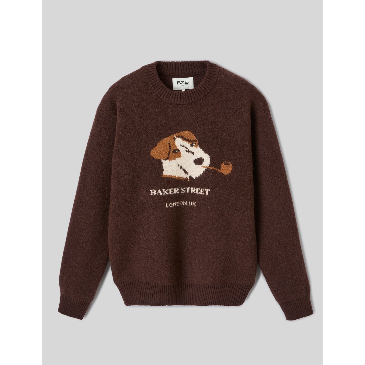 Pull col rond jacquard marron foncée, BZB