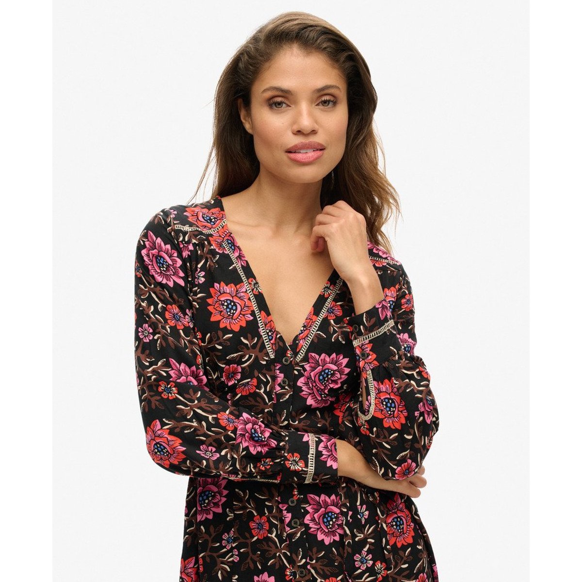 Robe courte fluide imprimée à col V marron fleuri mori, SUPERDRY