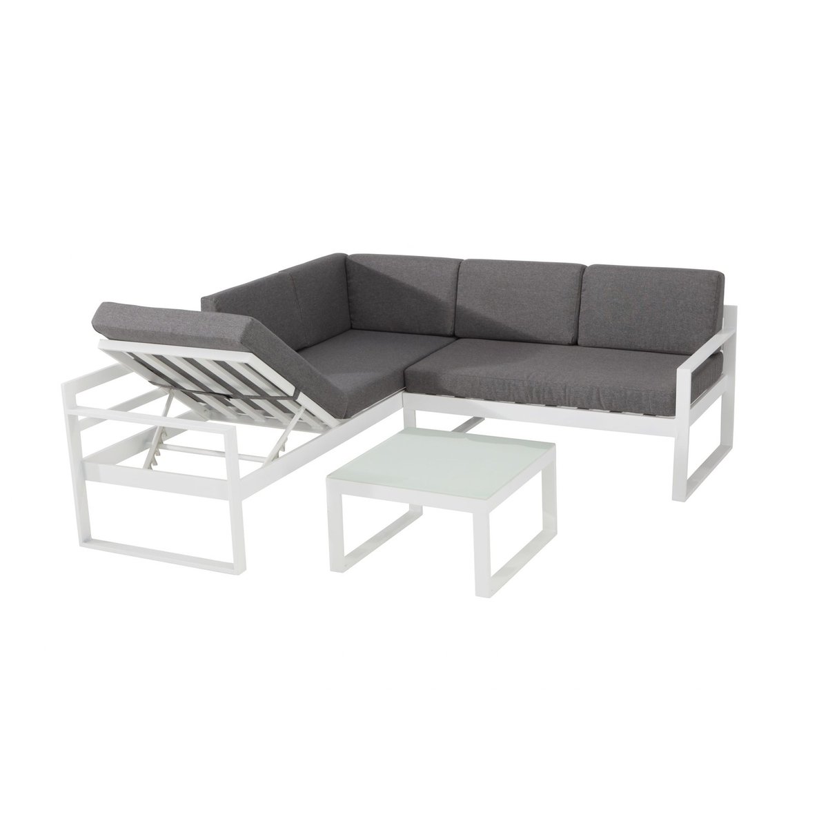 Salon de jardin 5 places, angle, TOKYO blanc, coussin gris foncé, DEFORA HOME
