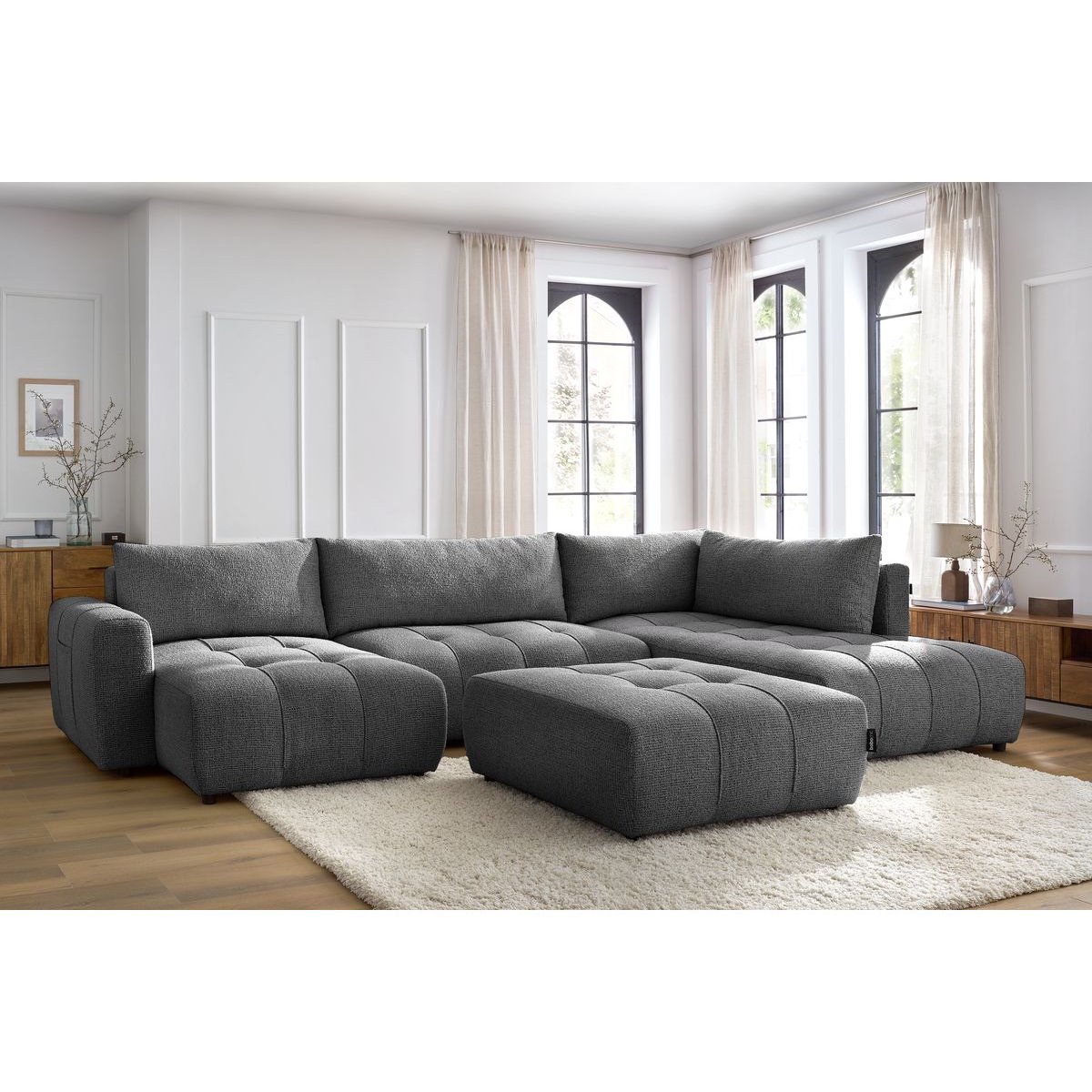 Canapé panoramique convertible 6 places en tissu chiné avec pouf, ARSENE gris foncé, BOBOCHIC