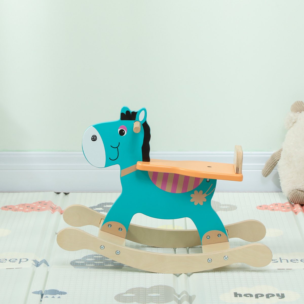 Cheval à bascule pour enfants Contreplaqué vert foncé, orange, bois, AIYAPLAY