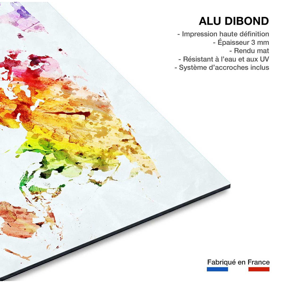 Tableau carte du monde multicolore tableau alu dibond, HEXOA