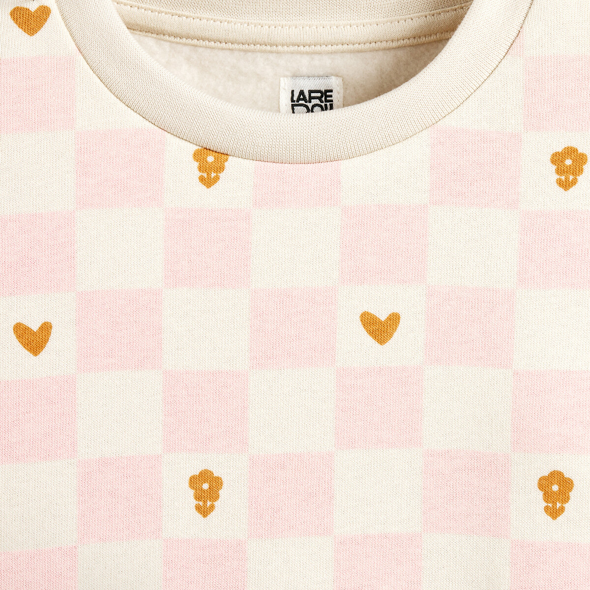 Fleece Crew Neck Sweatshirt with Checkerboard and Heart Print print/ecru background, LA REDOUTE COLLECTIONS