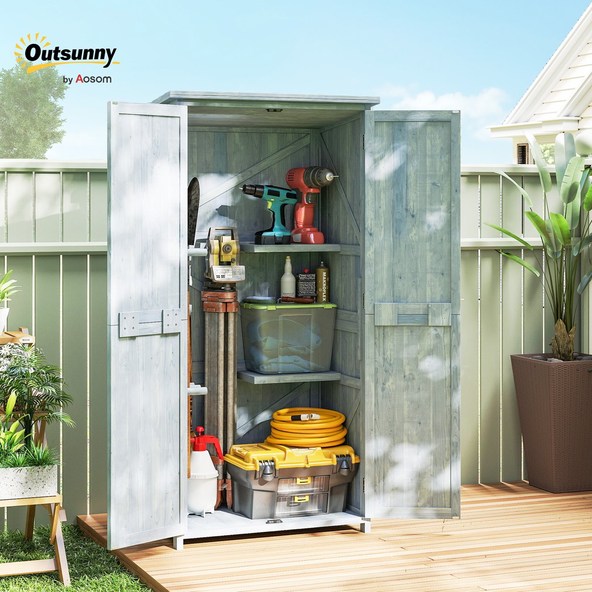 Armoire de rangement d'extérieur Bois de gris, OUTSUNNY