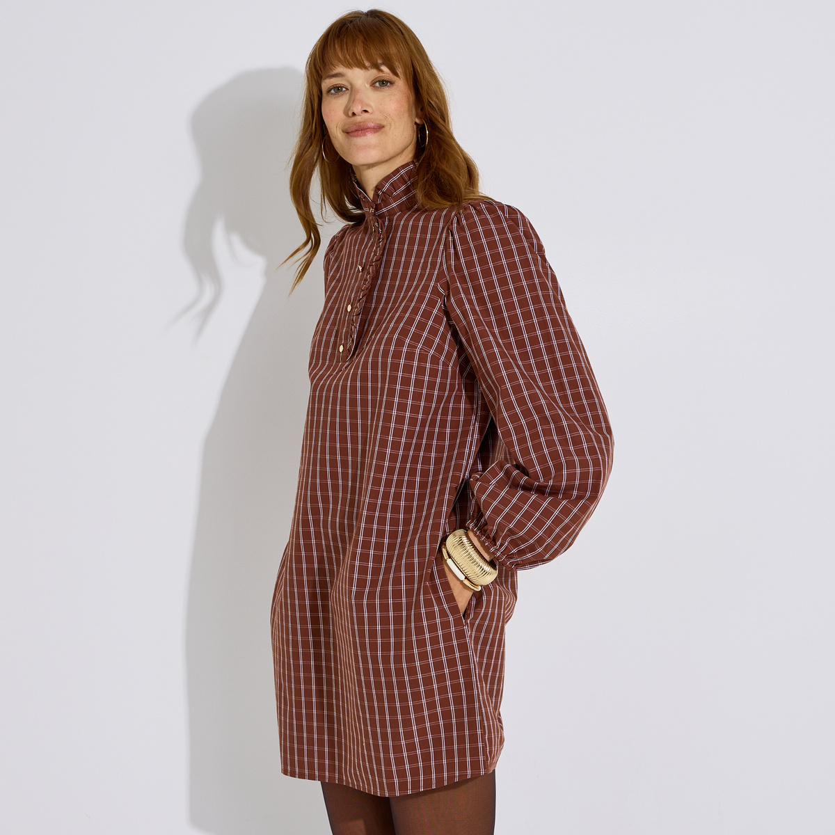Robe courte à carreaux col volanté marron chocolat, GRAIN DE MALICE