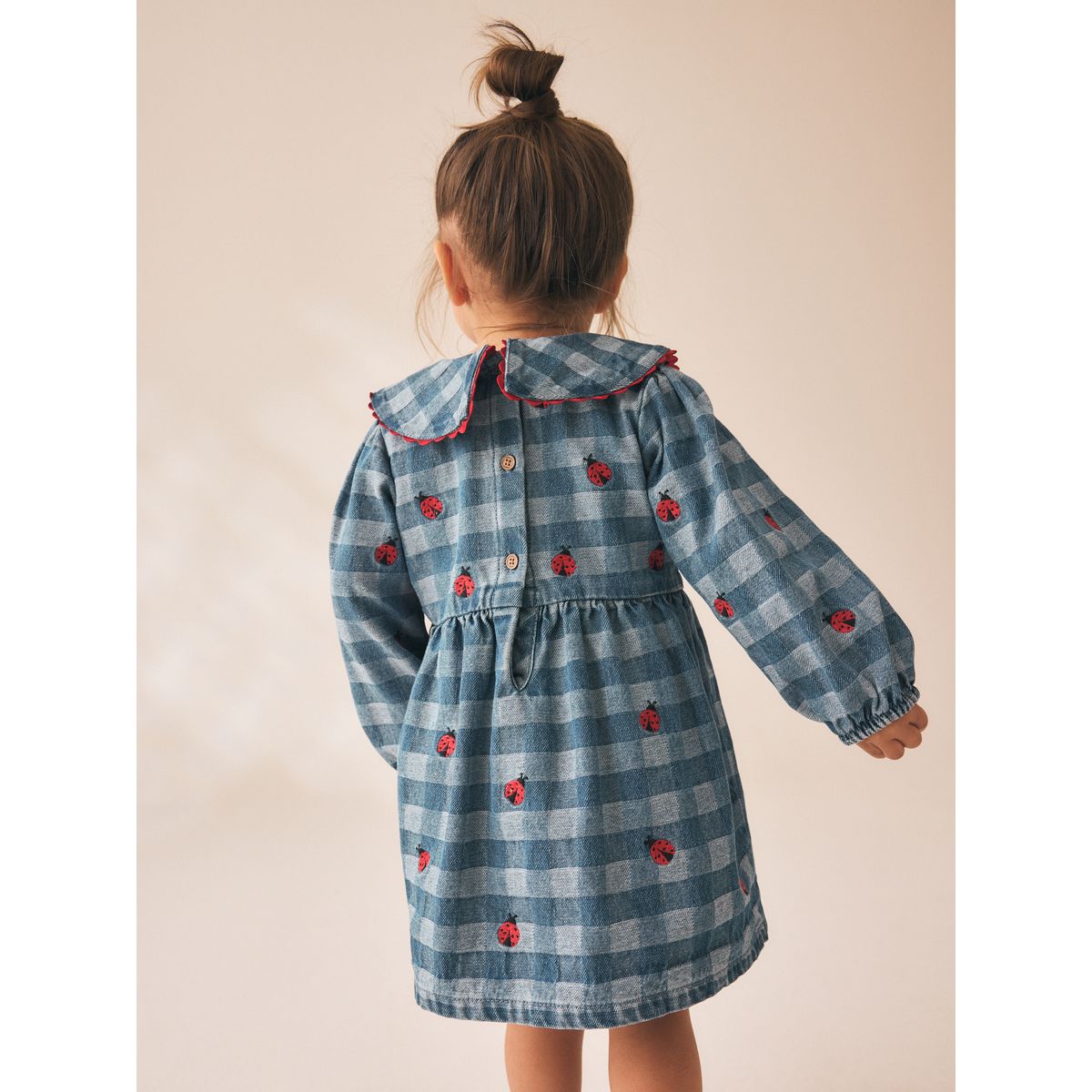 Robe à col et coccinelles brodées motifs en denim bleu, NEXT