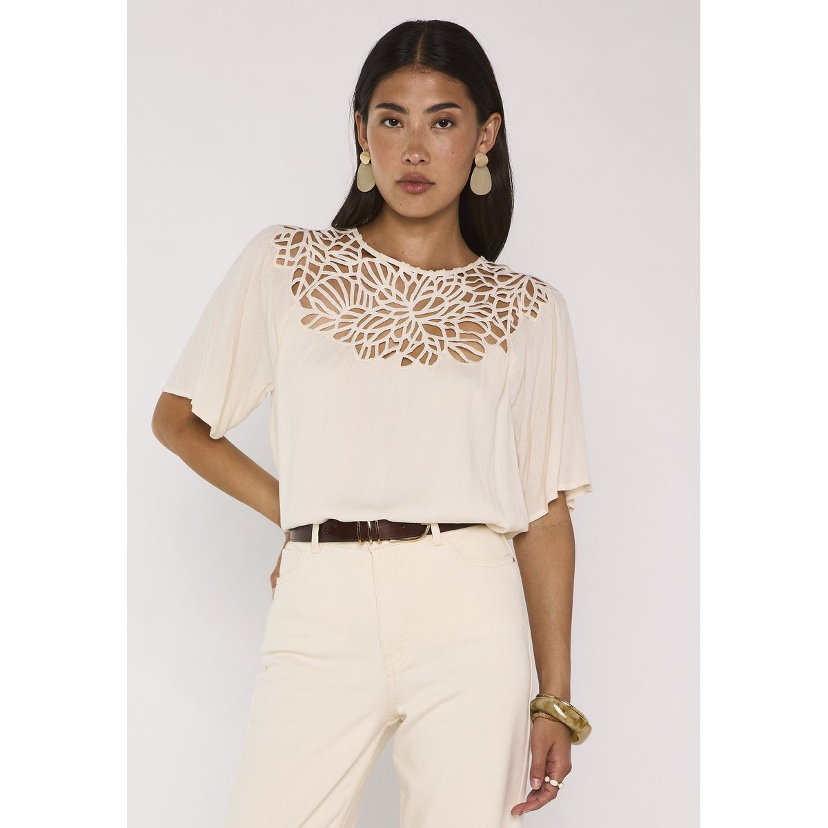 Blouse dentelles à manches courtes MELISSA creme, Maison 123