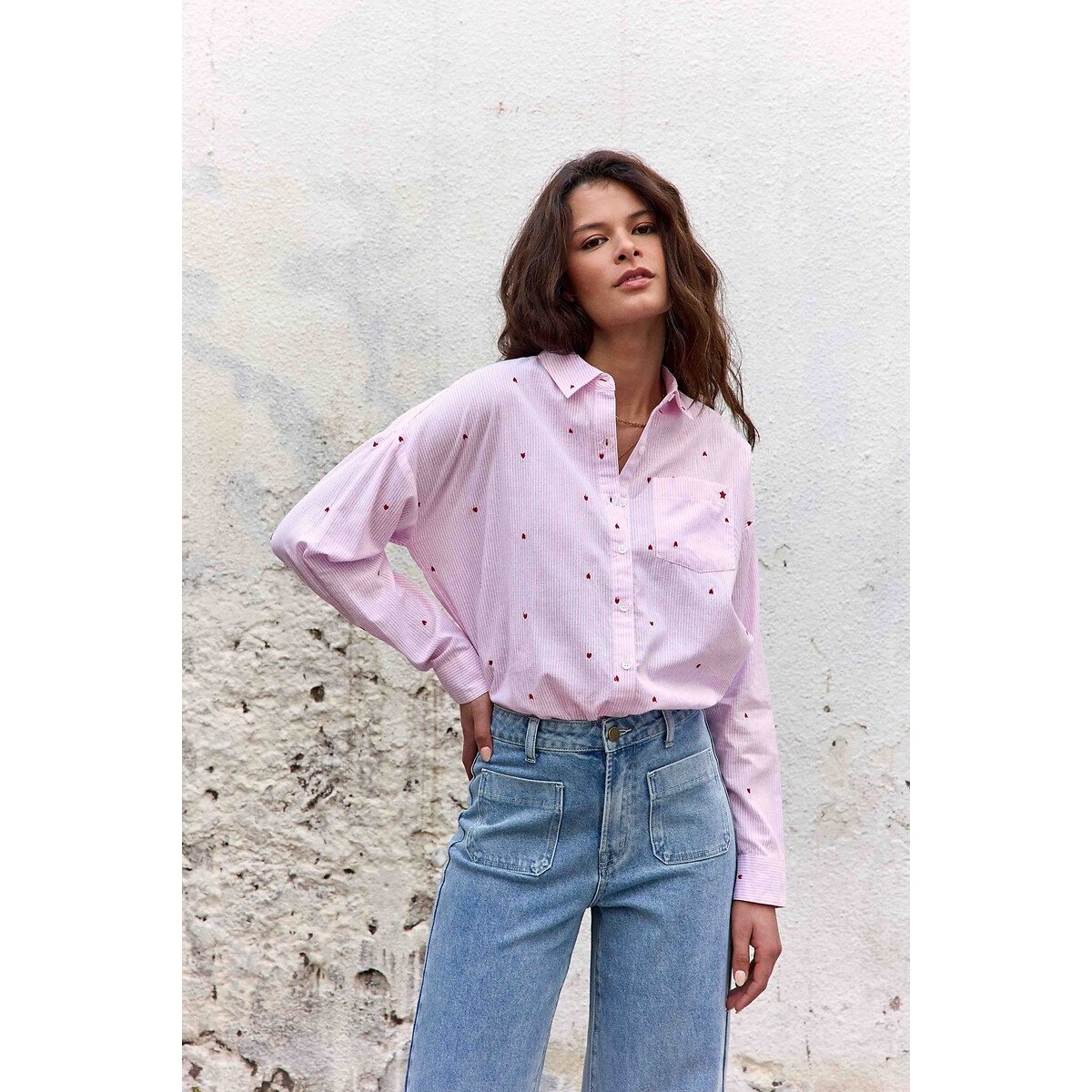 Chemise rayée et brodée, CORALINE ecru/rose, LA PETITE ETOILE