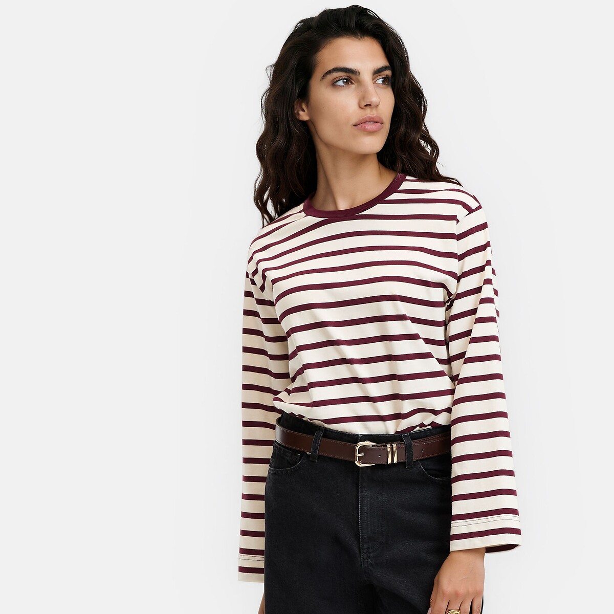 Camiseta a rayas, cuello redondo, manga larga rayas burdeos/blanco, LA REDOUTE COLLECTIONS