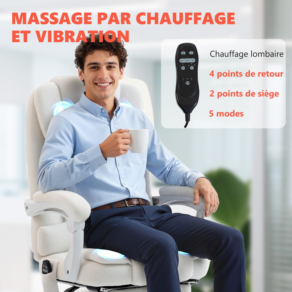 Fauteuil de bureau avec fonction massage Lin blanc, HOMCOM