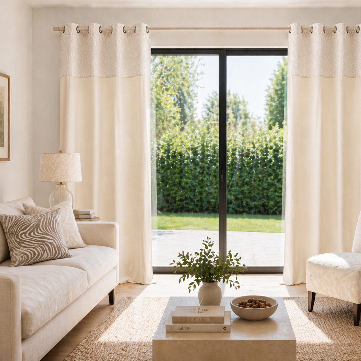 Rideau tamisant à œillets en velours avec bandeau jacquard zébré naturel, DOUCEUR D'INTÉRIEUR