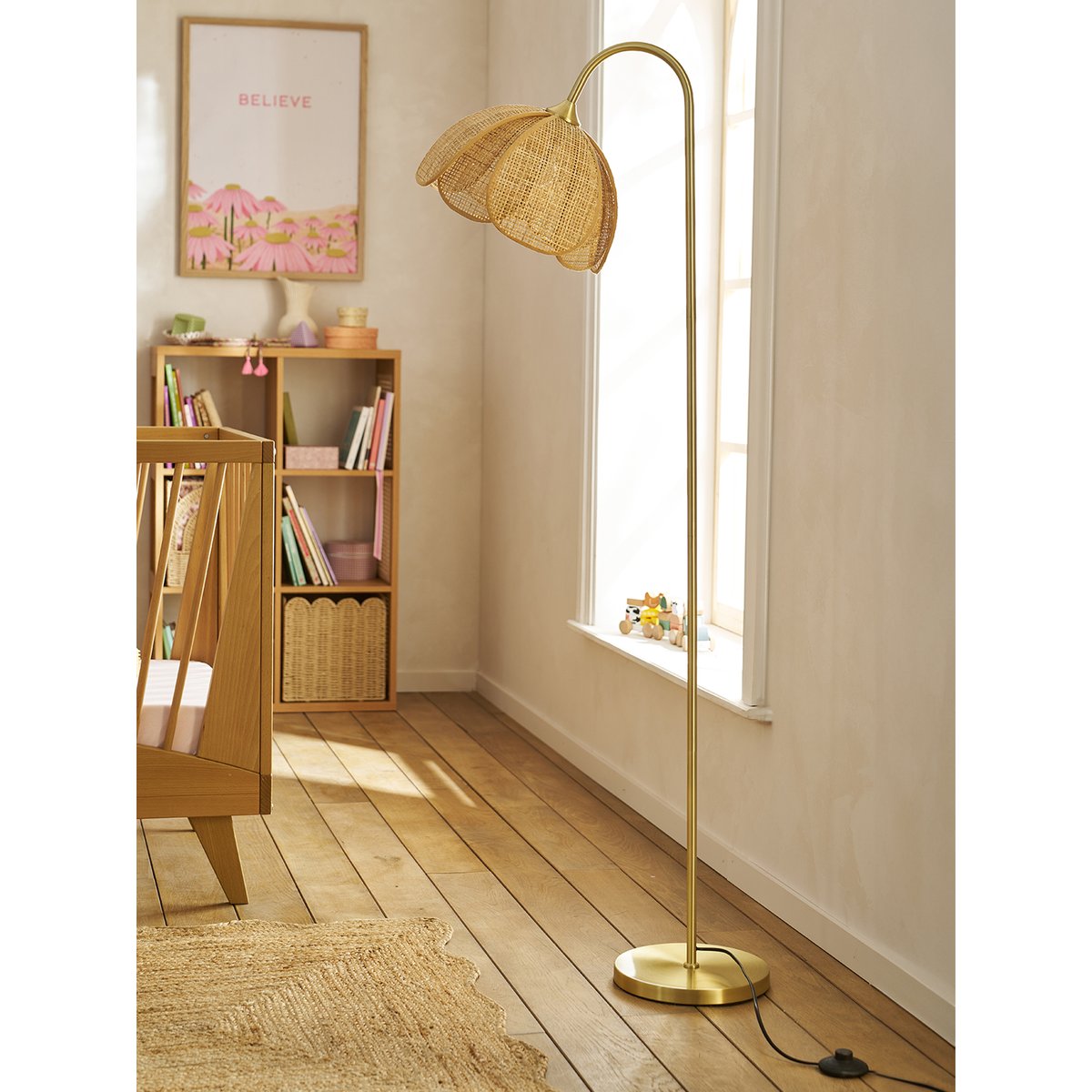 Lampadaire rotin fleur métal doré, VERTBAUDET