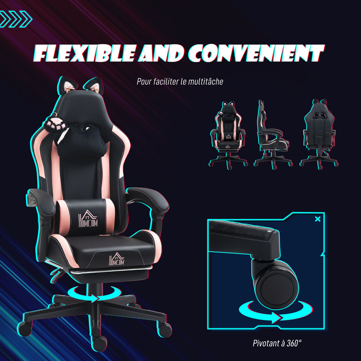 Fauteuil de gaming Plastique Noir noir et rose, HOMCOM