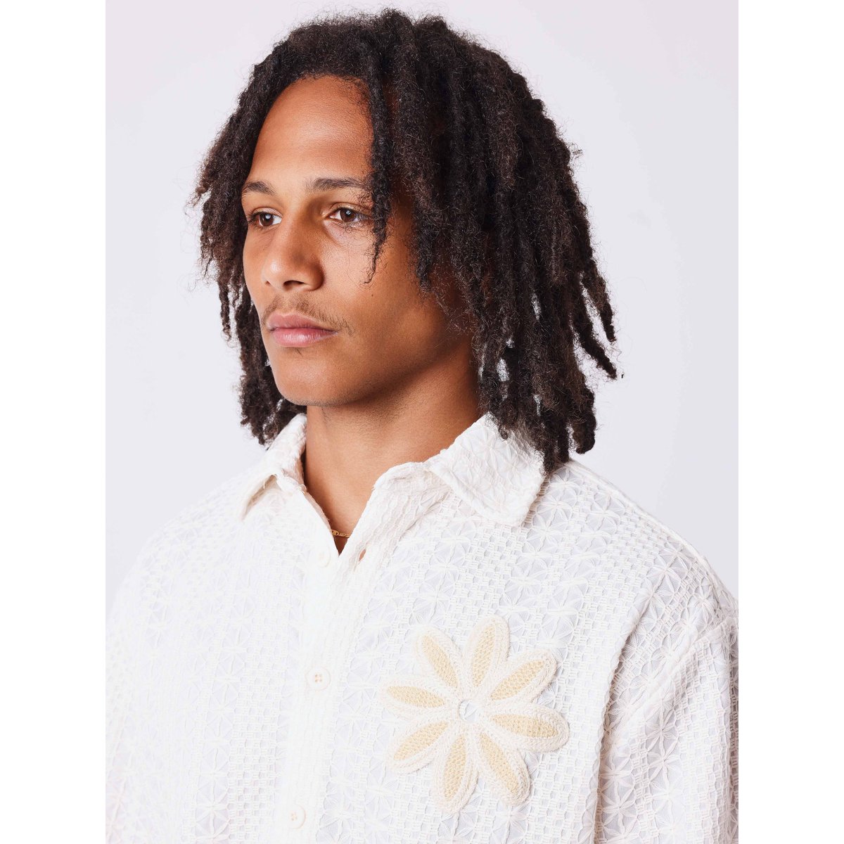 Chemise brodée ajourée avec fleur crème camel, PROJECT X