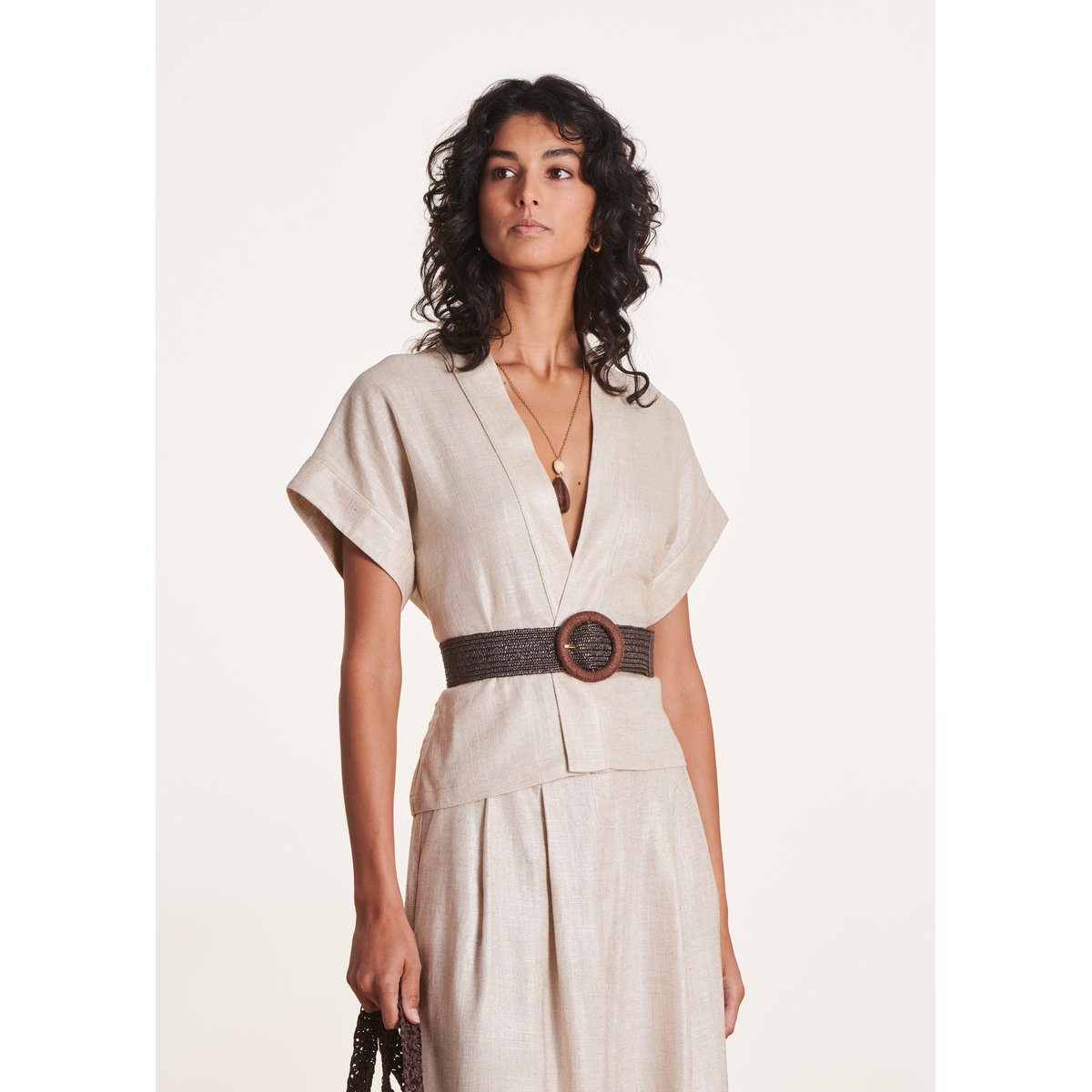 Veste kimono irisée en lin foiled greige, LA FEE MARABOUTEE