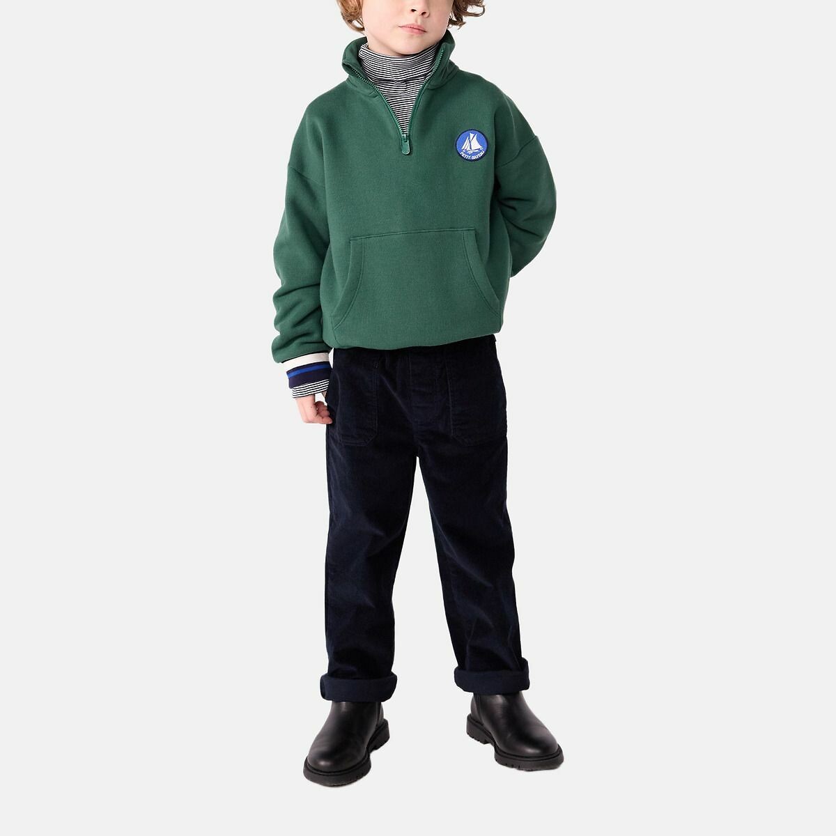 Fleece Zip-Up Sweatshirt with Trucker-Neck green, PETIT BATEAU