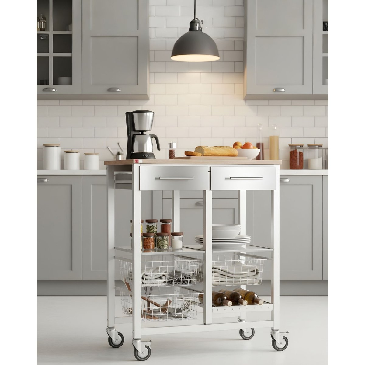 Chariot de cuisine ONDA DOBLE, Chariot métallique double avec 3 paniers, 2 tiroirs, porte-bouteilles blanc, DON HIERRO
