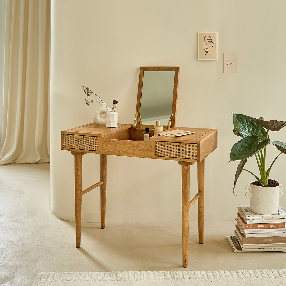 Coiffeuse en bois de manguier et cannage  FELICIE naturel, BERAH GETAH