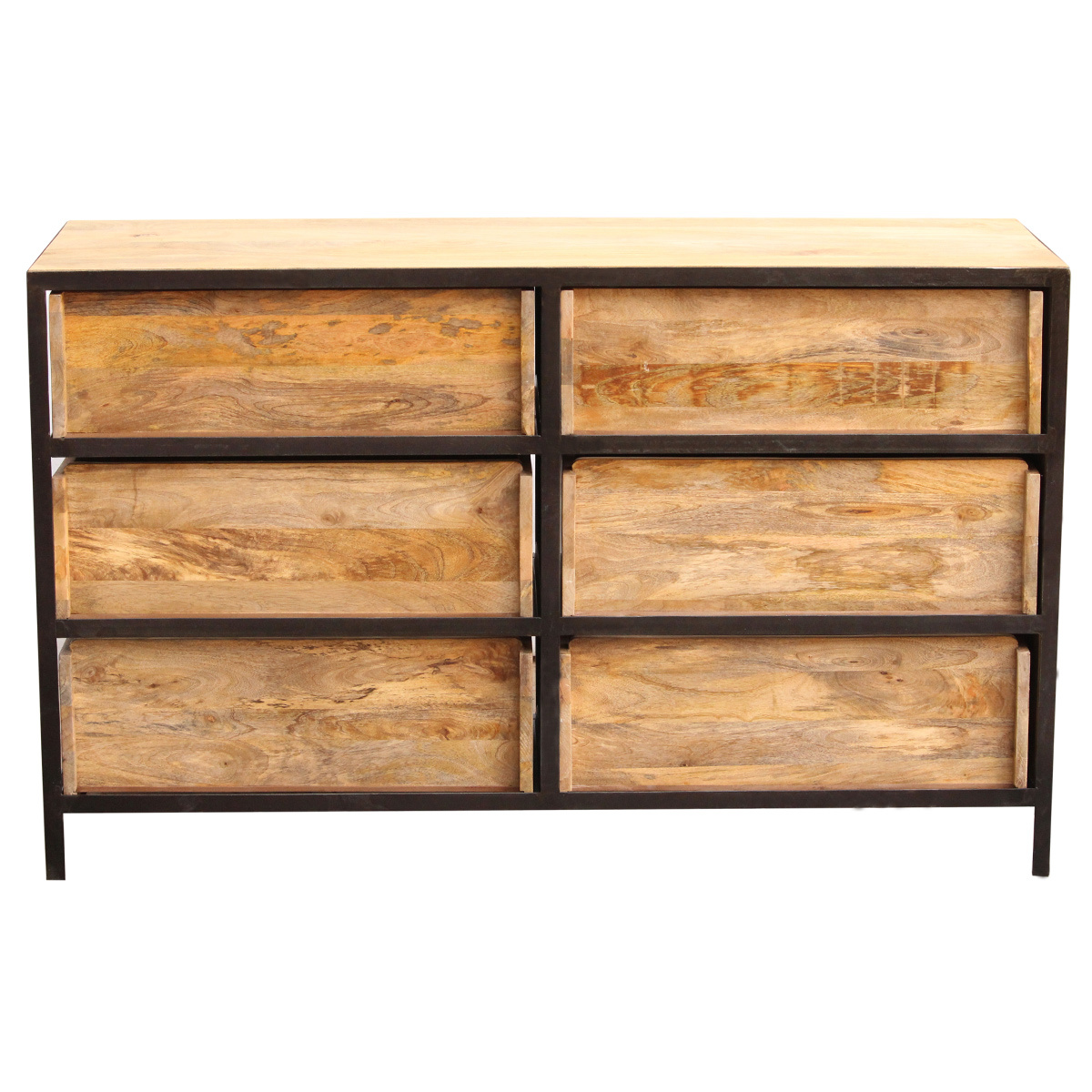 Commode industrielle en bois manguier massif et métal noir 6 tiroirs L130 cm INDUSTRIA bois clair / noir, MILIBOO
