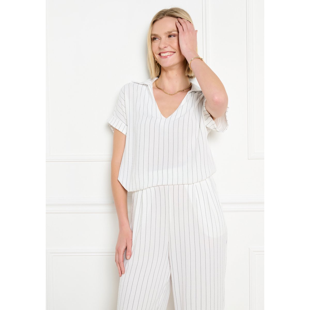 Blouse col ouvert rayée blanc vanille, LOLALIZA