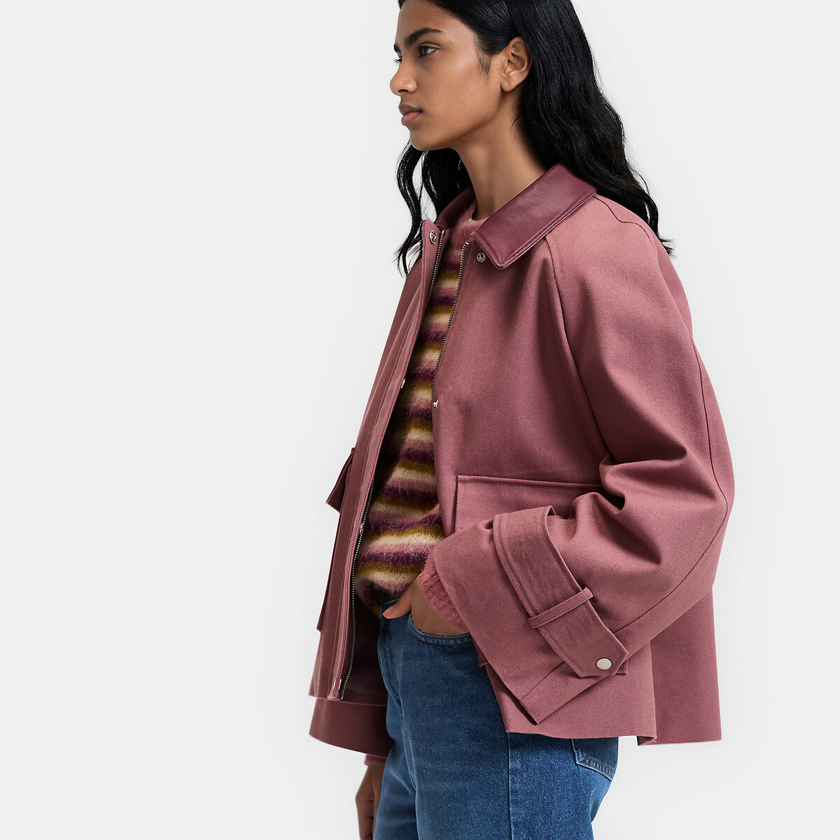 Cotton Jacket with Contrasting Collar dusty pink, LA REDOUTE COLLECTIONS