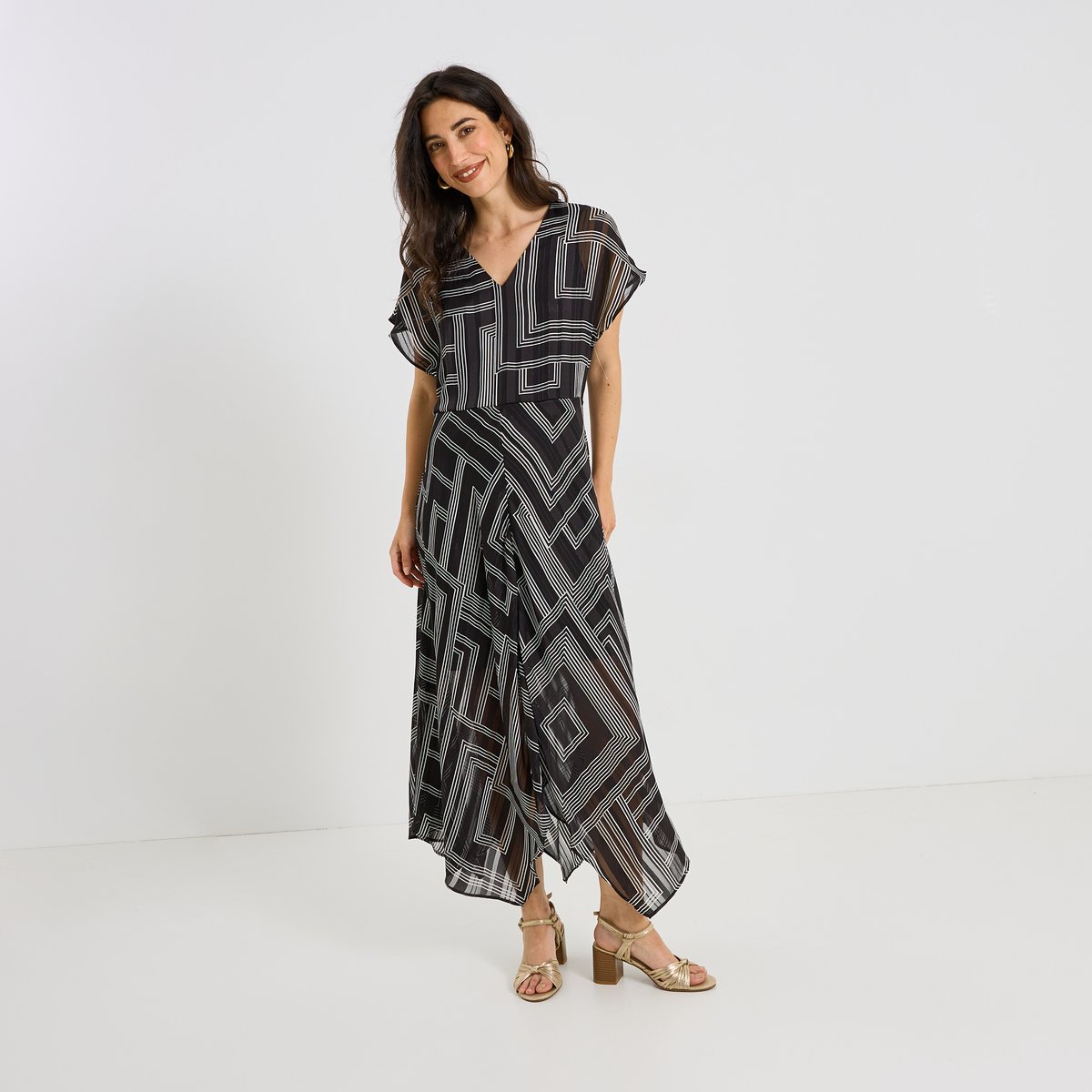 Robe longue habillée imprimé géométrique noir, GRAIN DE MALICE