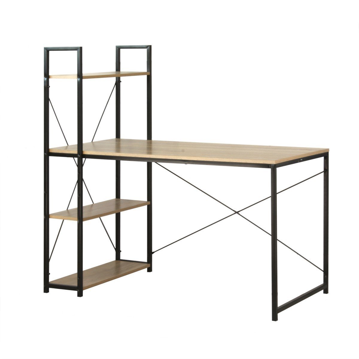 Bureau L120cm avec 4 étagères style industriel bois clair, CALICOSY