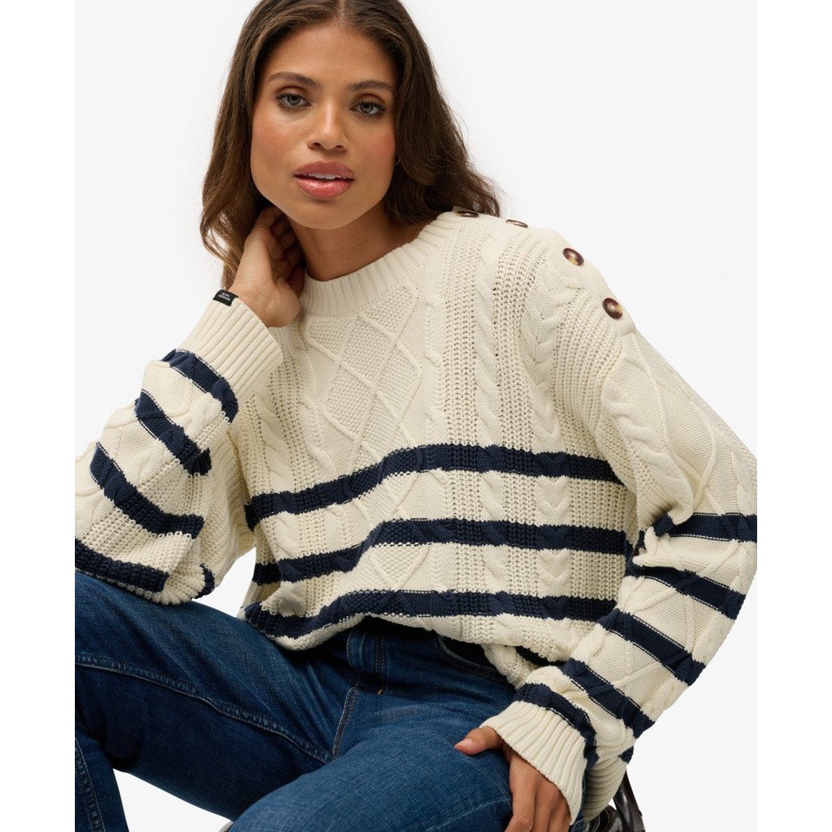 Pull torsadé à col rond rayures bleu marine profond et blanc cassé, SUPERDRY
