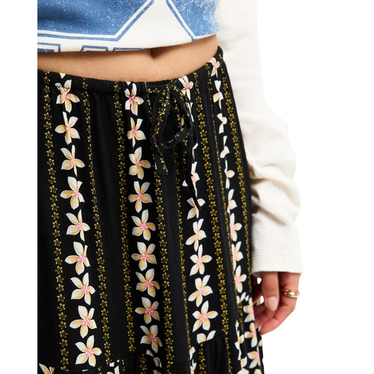 Jupe longue SWEETWATER CREPE. noir anthracite hibiscus real strip, ROXY